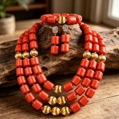 5 Rows Gold Tone Coral Necklace, Bracelet and Earring Set