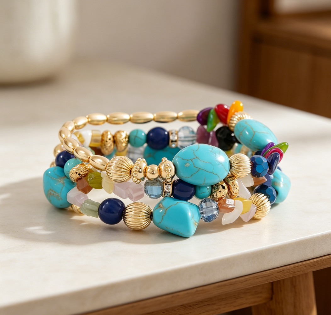 Crystal Gold Plated Beaded Stretch Bracelet Set