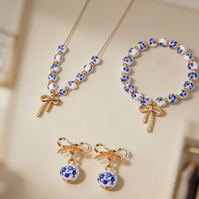Ceramic Bow Tie Bracelet, Necklace and Earring Set