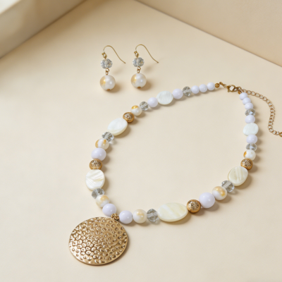 Chunky Multicolour Shell Bead Hammered Circle Pendant Necklace Set