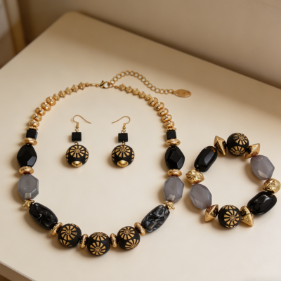 Chunky Wooden Beaded Collar Necklace, Earring and Bracelet Set