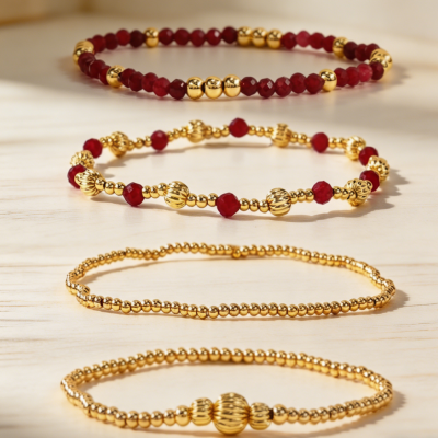 4 Pcs Gold Stackable Natural Gemstone Glass Ball Bracelet Set