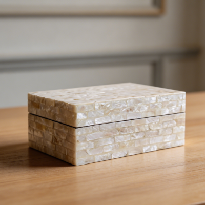 Capiz Shell Rectangular Decorative Nacre Storage Box in White Sand