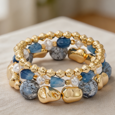 Crystal Gold Plated Beaded Stretch Bracelet Set